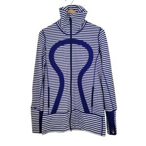 Lululemon IN STRIDE Jacket Blue & White Striped Full-Zip w/ Thumbholes Sz 8
